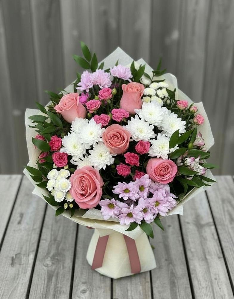 Букет цветов из: Альстромерии, Гвоздики, Розы и Хризантемы в Глушково