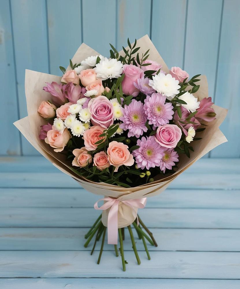 Букет цветов из: Хризантемы, Розы и Альстромерии в Глушково