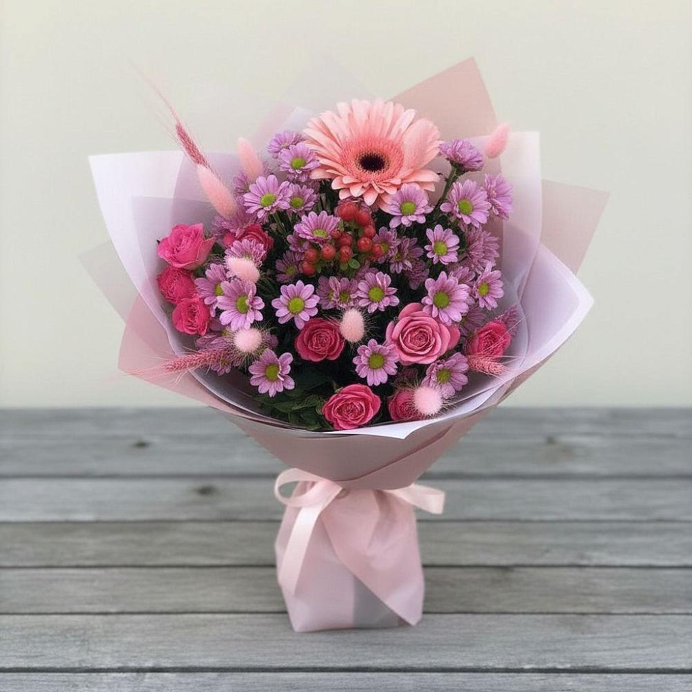 Букет цветов из: Розы, Герберы и Хризантемы в Глушково