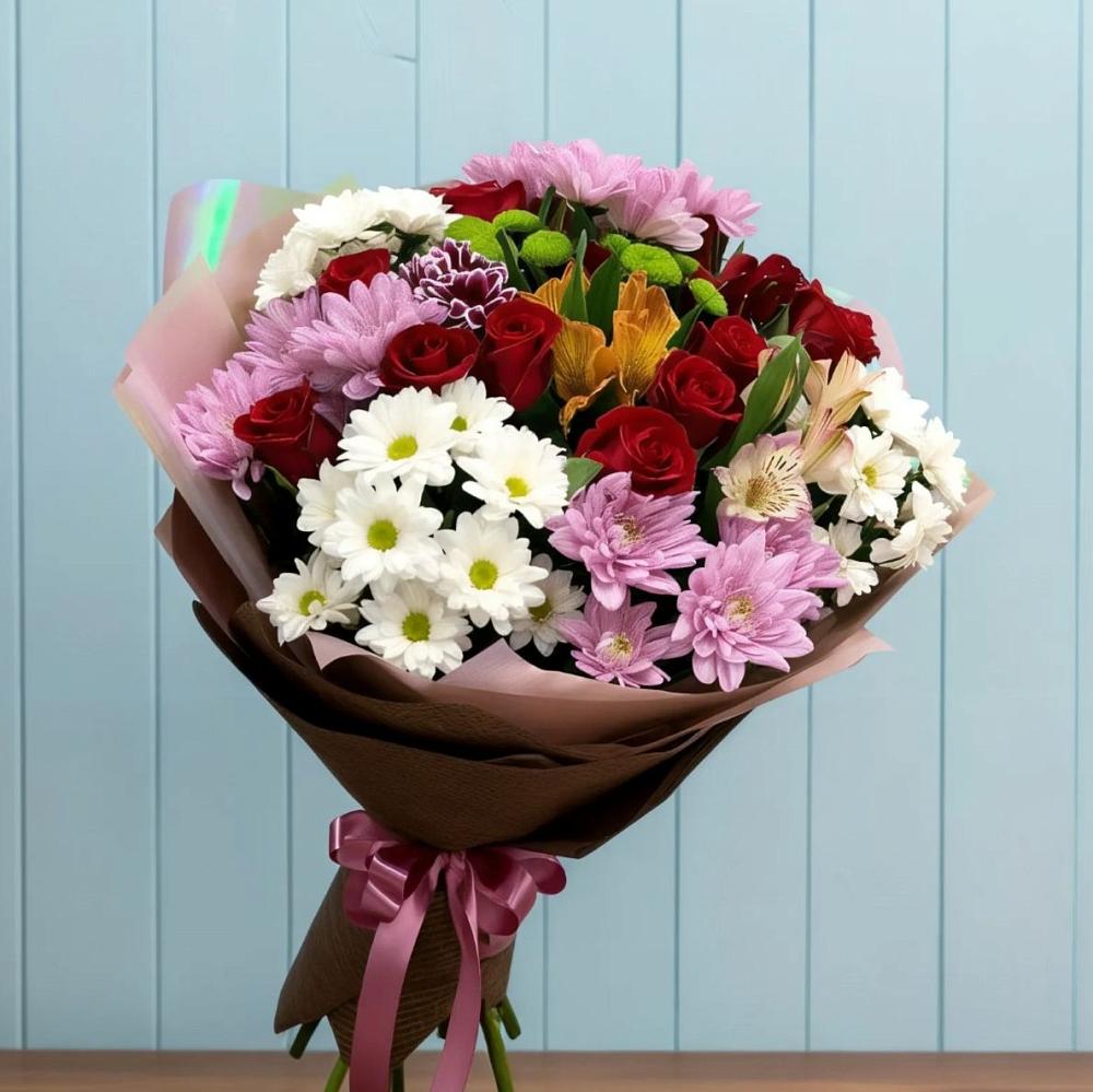 Букет цветов из: Розы, Хризантемы и Альстромерии в Глушково