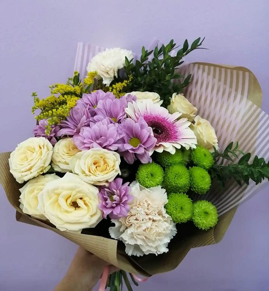 Букет цветов из: Хризантемы, Розы, Гвоздики и Герберы в Глушково