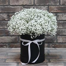 Цветочная композиция из Гипсофила в шляпной коробке в Глушково